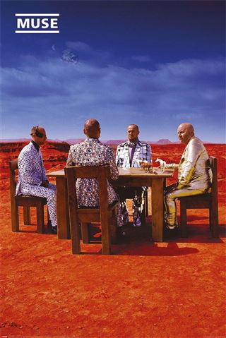 Four people sitting around a table with a red desert landscape and blue sky in the background, featuring the Muse logo.
