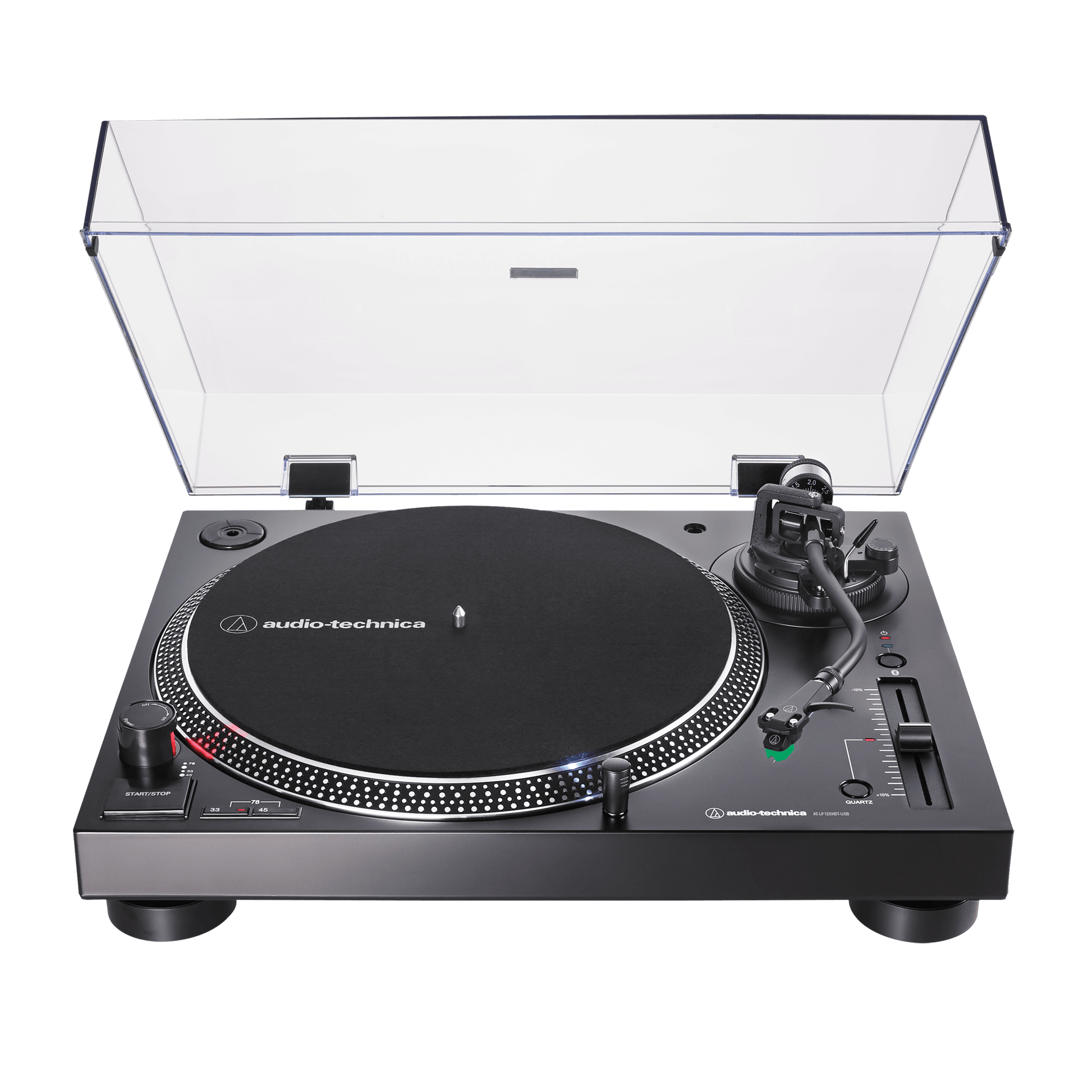 audio technica LP120xbt usb and bluetooth turntable in black from frontt with lid open
