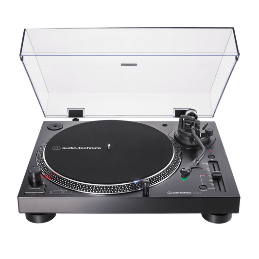 audio technica LP120xbt usb and bluetooth turntable in black from frontt with lid open