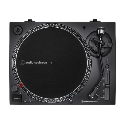 audio technica LP120xbt usb and bluetooth turntable in black from above without lid