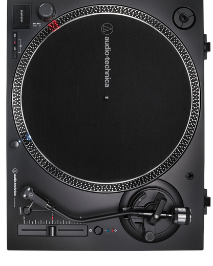 audio technica LP120xbt usb and bluetooth turntable in black from above without lid