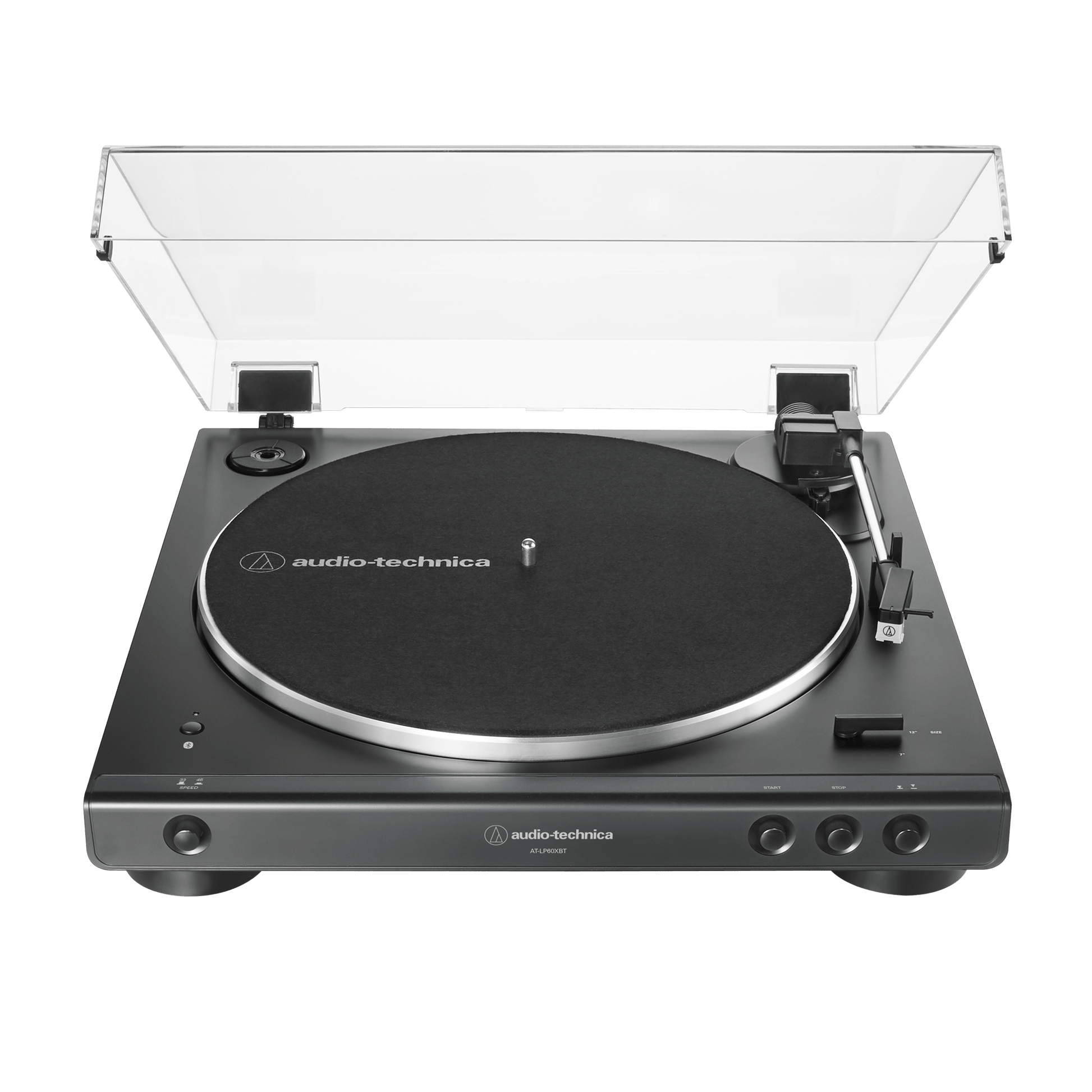 audio technica LP60xbt usb and bluetooth turntable in black from front with lid open