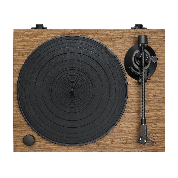 audio technica LPW40WN turntable with timber finish from above with no lid