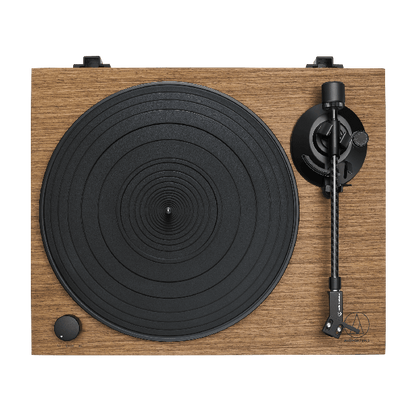 audio technica LPW40WN turntable with timber finish from above with no lid