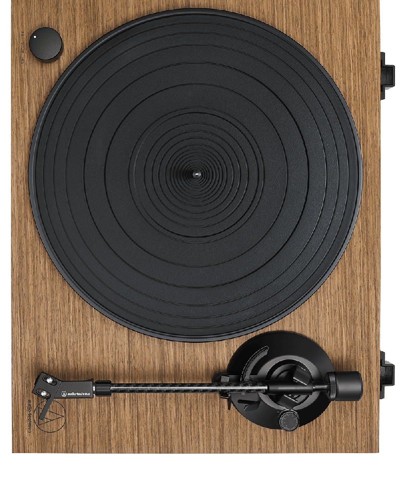 audio technica LPW40WN turntable with timber finish from above with no lid