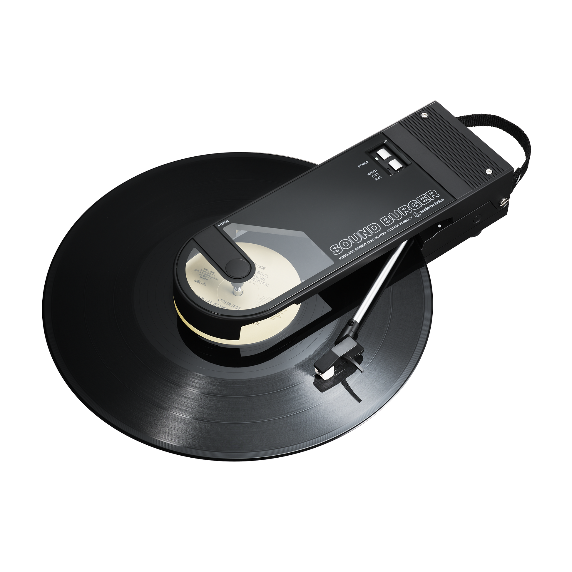 Audio Technica sound burger at-sb727 portable usb and bluetooth turntable in black from above front three quarter with record playing
